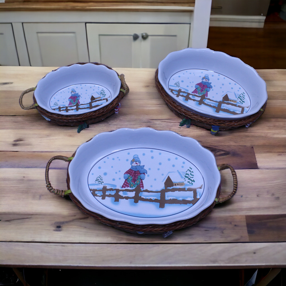 Spinnaker Snowman Serving Dishes Set of 3 With Baskets and Holiday Charms